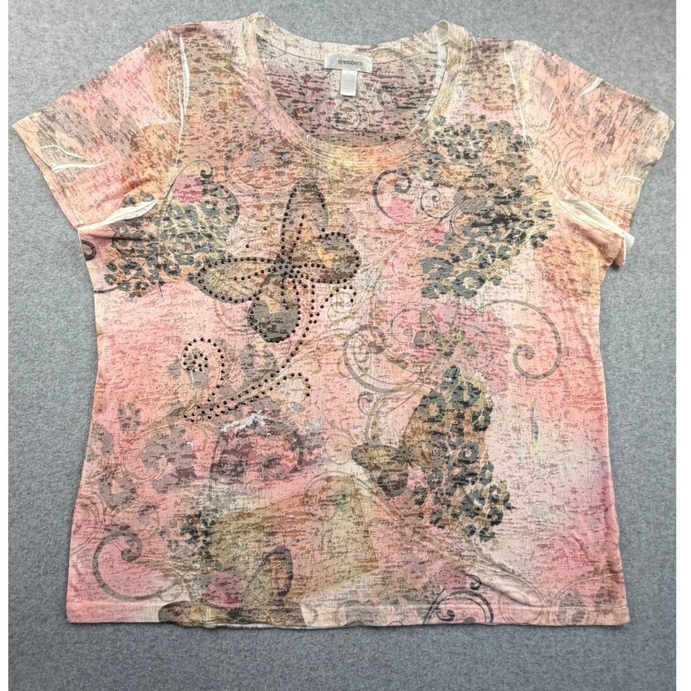 Dressbarn Woman 1X Pink Butterfly Burnout Studded Top Fairycore Short Sleeve Tee